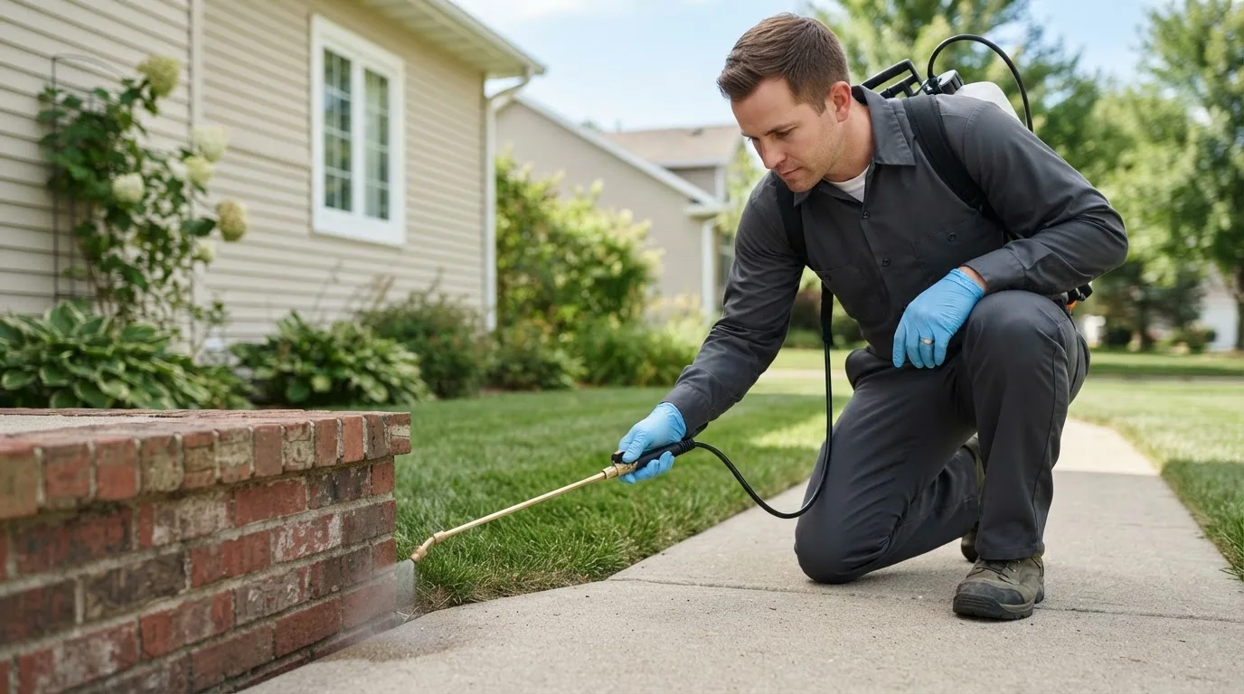 Pest control technician treating a home near North Bend, OR